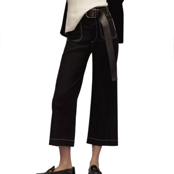 Anthropologie Maeve Colette Pants Women's 27 Black Crop Wide Leg Contrast Stitch - Picture 2 of 11